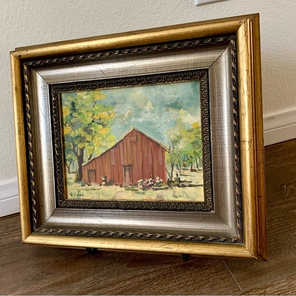 Vintage Red Barn Oil Painting 11/13”